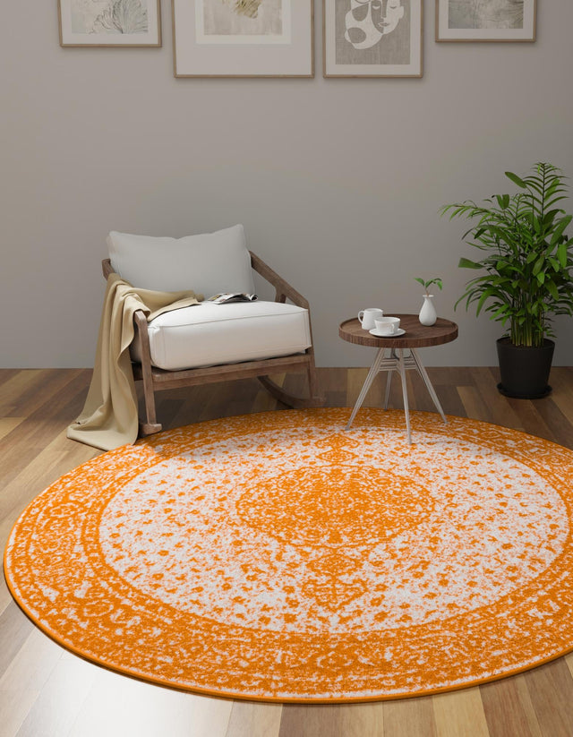 Orange 7' 10 x 7' 10 Bromley Round Area Rug 100% Polypropylene With Cotton Backing Vintage Distressed Colorful Traditional Carpet for Living Dining Rooms Offices for Sale at Rug Engine