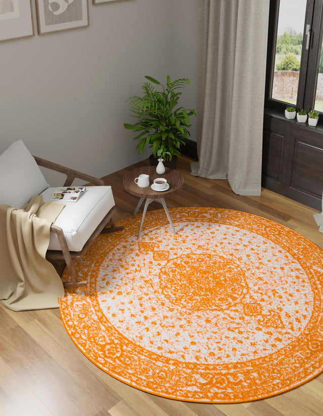 Orange 7' 10 x 7' 10 Bromley Round Area Rug 100% Polypropylene With Cotton Backing Vintage Distressed Colorful Traditional Carpet for Living Dining Rooms Offices for Sale at Rug Engine