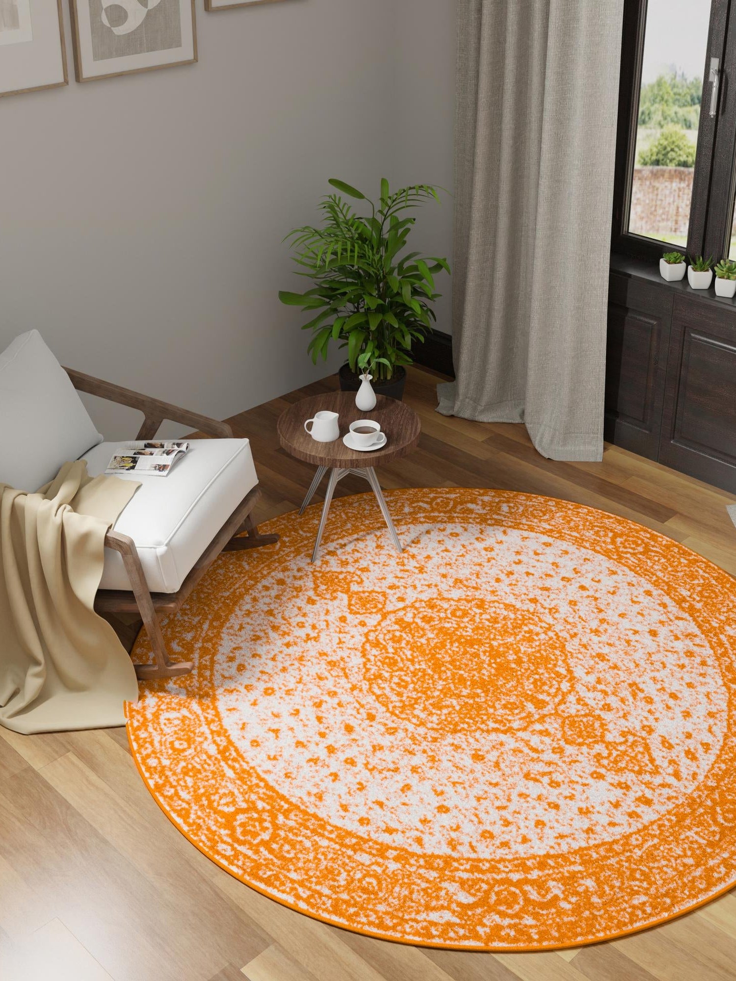 Orange 5' 3 x 5' 3 Bromley Round Area Rug 100% Polypropylene With Cotton Backing Vintage Distressed Colorful Traditional Carpet for Living Dining Rooms Offices for Sale at Rug Engine