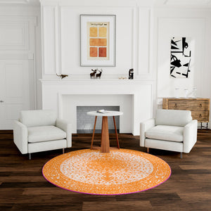 Orange 7' 10 x 7' 10 Bromley Round Area Rug 100% Polypropylene With Cotton Backing Vintage Distressed Colorful Traditional Carpet for Living Dining Rooms Offices for Sale at Rug Engine