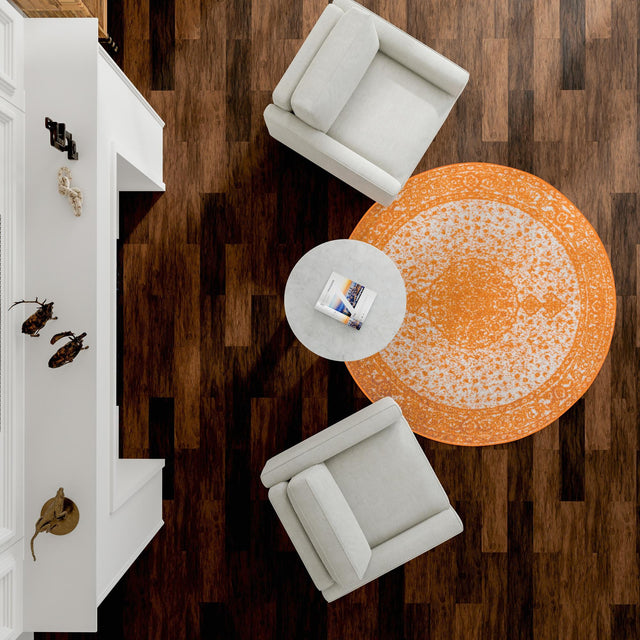 Orange 7' 10 x 7' 10 Bromley Round Area Rug 100% Polypropylene With Cotton Backing Vintage Distressed Colorful Traditional Carpet for Living Dining Rooms Offices for Sale at Rug Engine