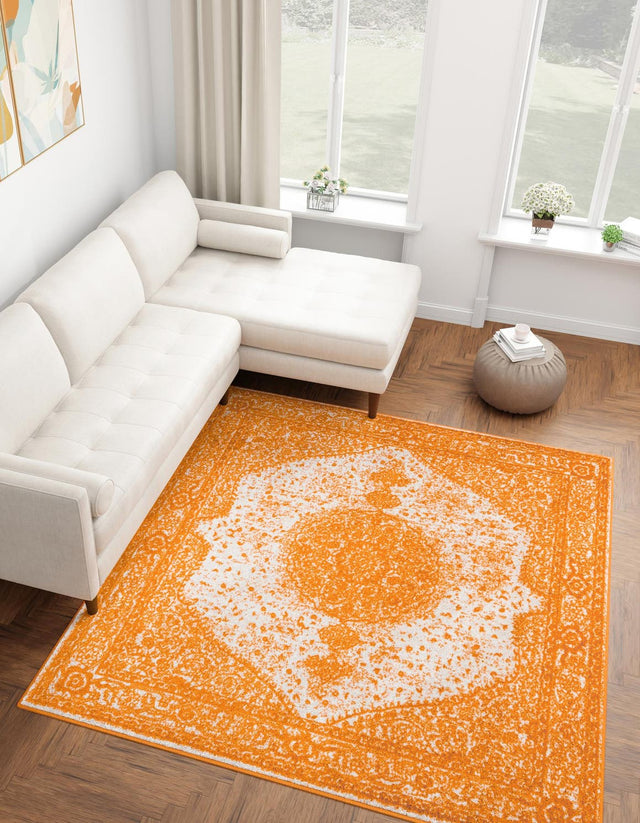 Orange 7' 10 x 7' 10 Bromley Square Area Rug 100% Polypropylene With Cotton Backing Vintage Distressed Colorful Traditional Carpet for Living Dining Rooms Offices for Sale at Rug Engine