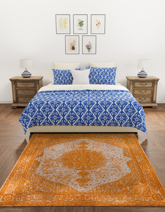 Orange 7' 10 x 7' 10 Bromley Square Area Rug 100% Polypropylene With Cotton Backing Vintage Distressed Colorful Traditional Carpet for Living Dining Rooms Offices for Sale at Rug Engine