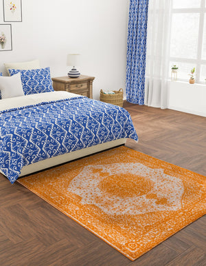 Orange 7' 10 x 7' 10 Bromley Square Area Rug 100% Polypropylene With Cotton Backing Vintage Distressed Colorful Traditional Carpet for Living Dining Rooms Offices for Sale at Rug Engine