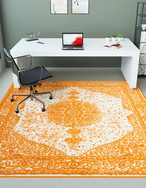 Orange 7' 10 x 7' 10 Bromley Square Area Rug 100% Polypropylene With Cotton Backing Vintage Distressed Colorful Traditional Carpet for Living Dining Rooms Offices for Sale at Rug Engine