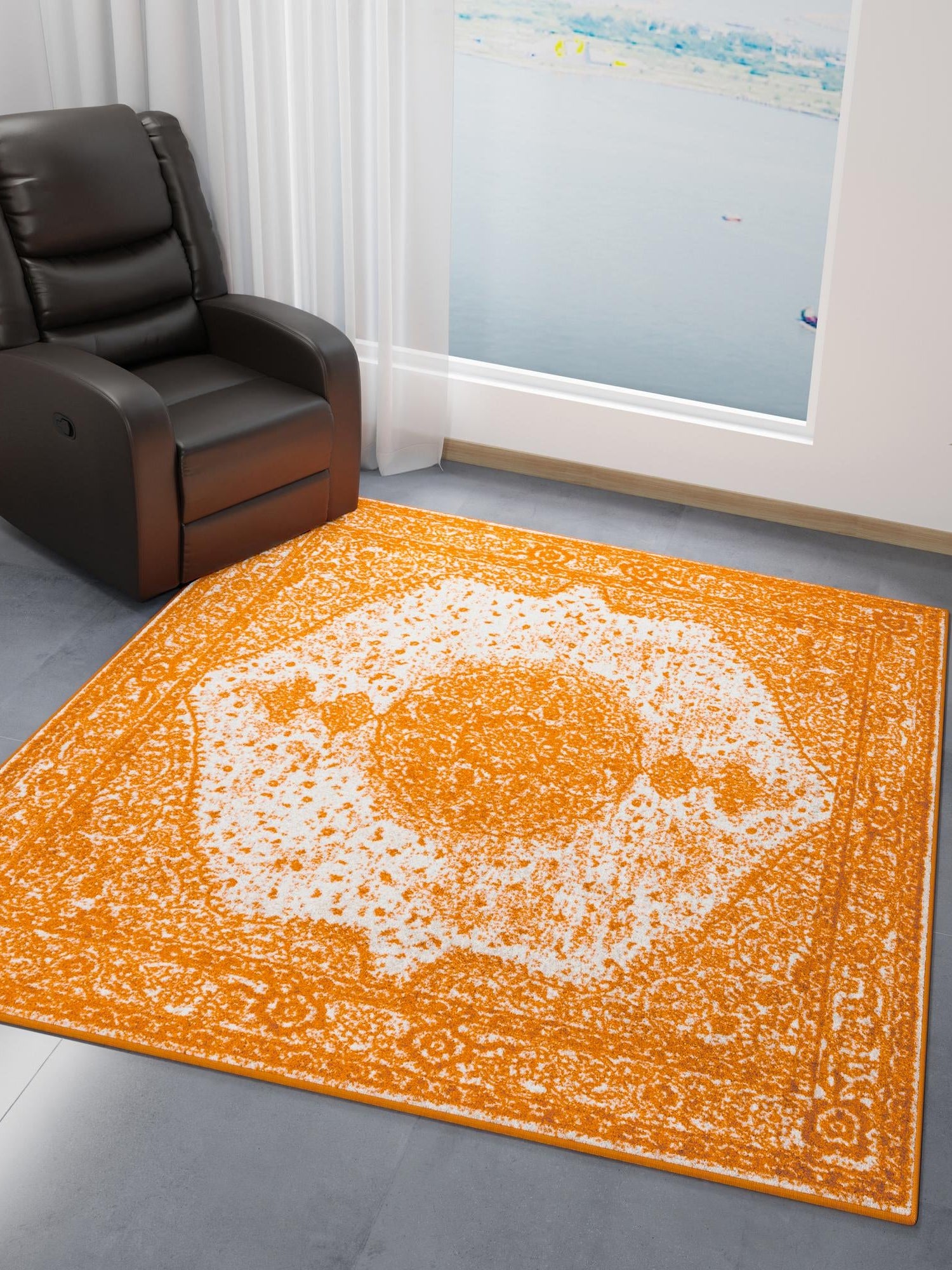 Orange 10' x 10' Bromley Square Area Rug 100% Polypropylene With Cotton Backing Vintage Distressed Colorful Traditional Carpet for Living Dining Rooms Offices for Sale at Rug Engine