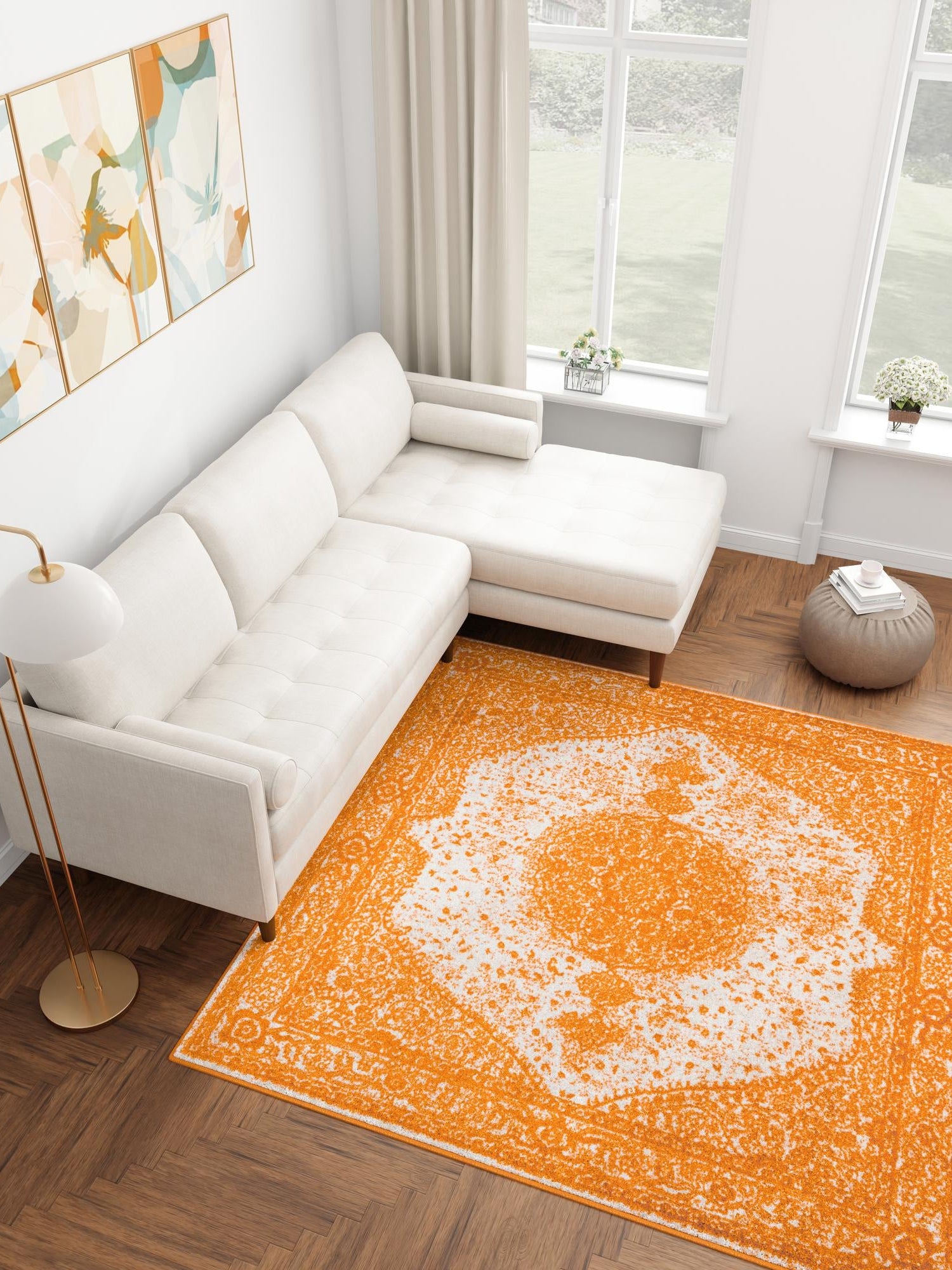 Orange 10' x 10' Bromley Square Area Rug 100% Polypropylene With Cotton Backing Vintage Distressed Colorful Traditional Carpet for Living Dining Rooms Offices for Sale at Rug Engine