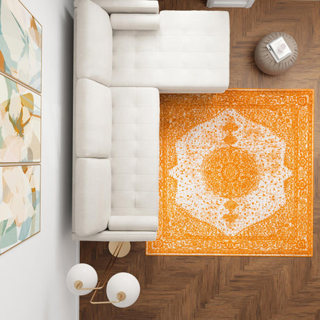 Orange 7' 10 x 7' 10 Bromley Square Area Rug 100% Polypropylene With Cotton Backing Vintage Distressed Colorful Traditional Carpet for Living Dining Rooms Offices for Sale at Rug Engine