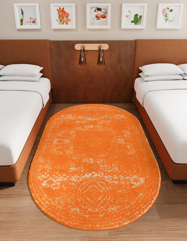 Orange 5' 3 x 8' Bromley Oval Area Rug 100% Polypropylene With Cotton Backing Vintage Distressed Colorful Traditional Carpet for Living Dining Rooms Offices for Sale at Rug Engine