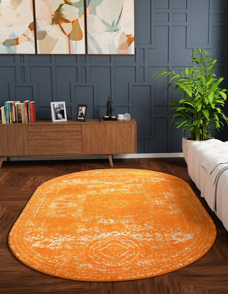 Orange 5' 3 x 8' Bromley Oval Area Rug 100% Polypropylene With Cotton Backing Vintage Distressed Colorful Traditional Carpet for Living Dining Rooms Offices for Sale at Rug Engine