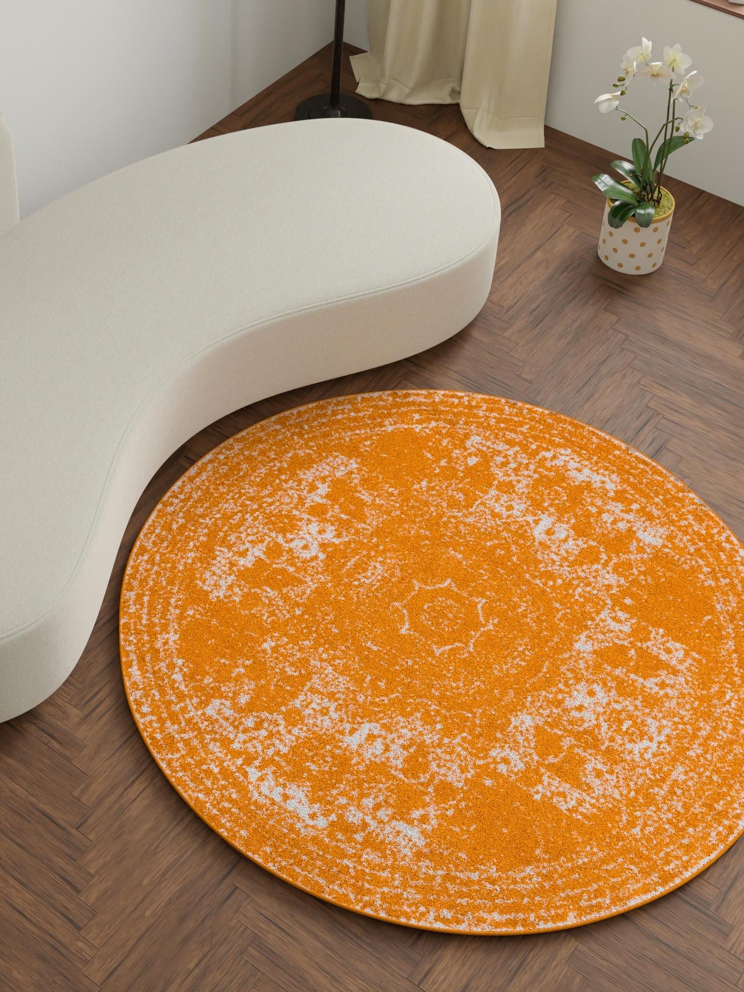 Orange 3' 1 x 3' 1 Bromley Round Area Rug 100% Polypropylene With Cotton Backing Vintage Distressed Colorful Traditional Carpet for Living Dining Rooms Offices for Sale at Rug Engine