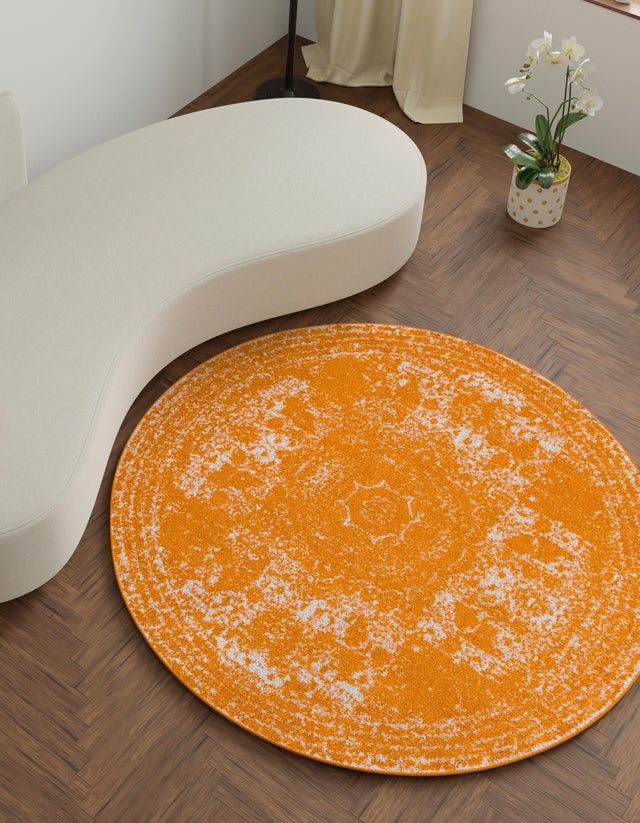 Orange 7' 10 x 7' 10 Bromley Round Area Rug 100% Polypropylene With Cotton Backing Vintage Distressed Colorful Traditional Carpet for Living Dining Rooms Offices for Sale at Rug Engine