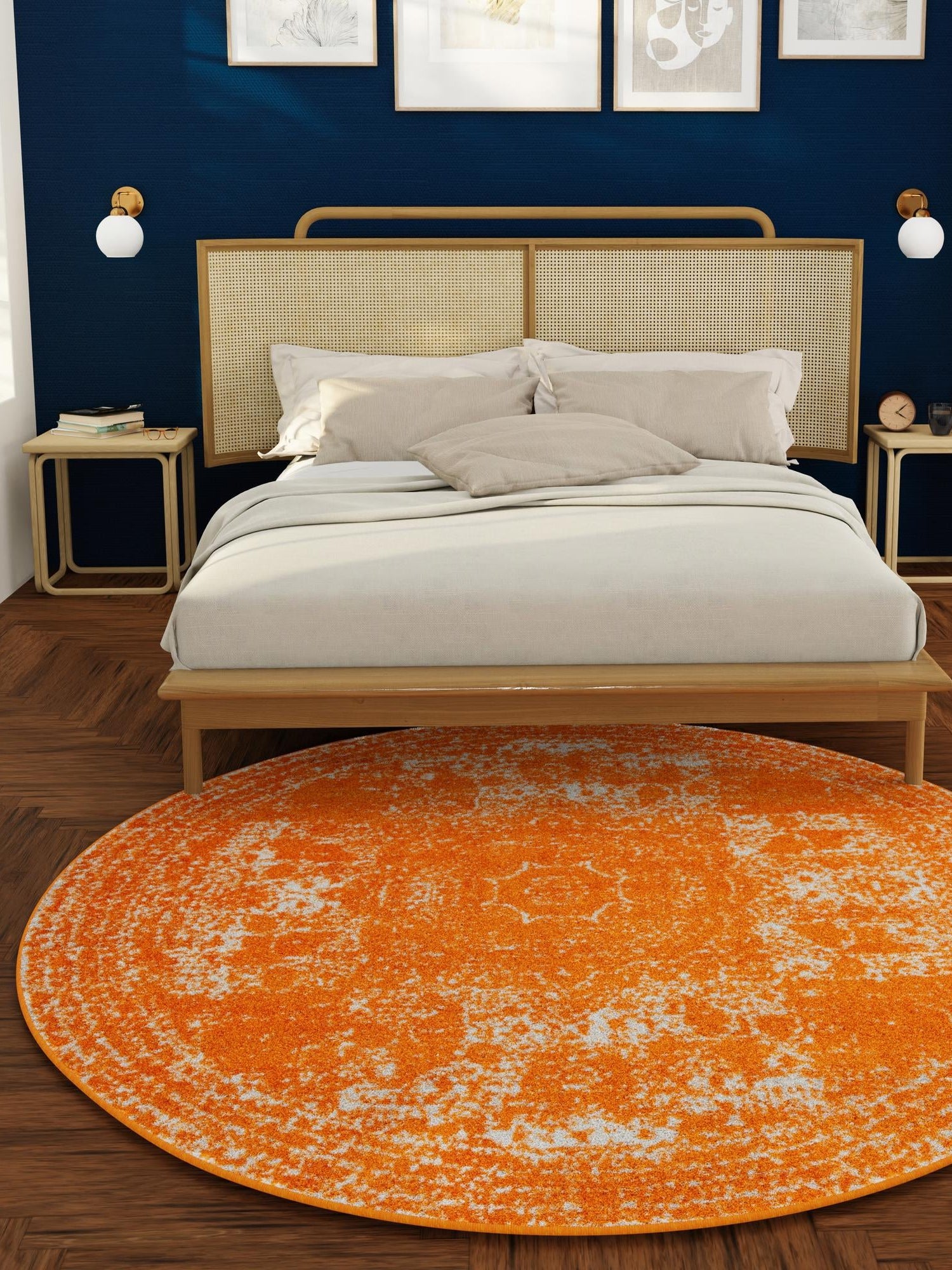 Orange 7' 10 x 7' 10 Bromley Round Area Rug 100% Polypropylene With Cotton Backing Vintage Distressed Colorful Traditional Carpet for Living Dining Rooms Offices for Sale at Rug Engine