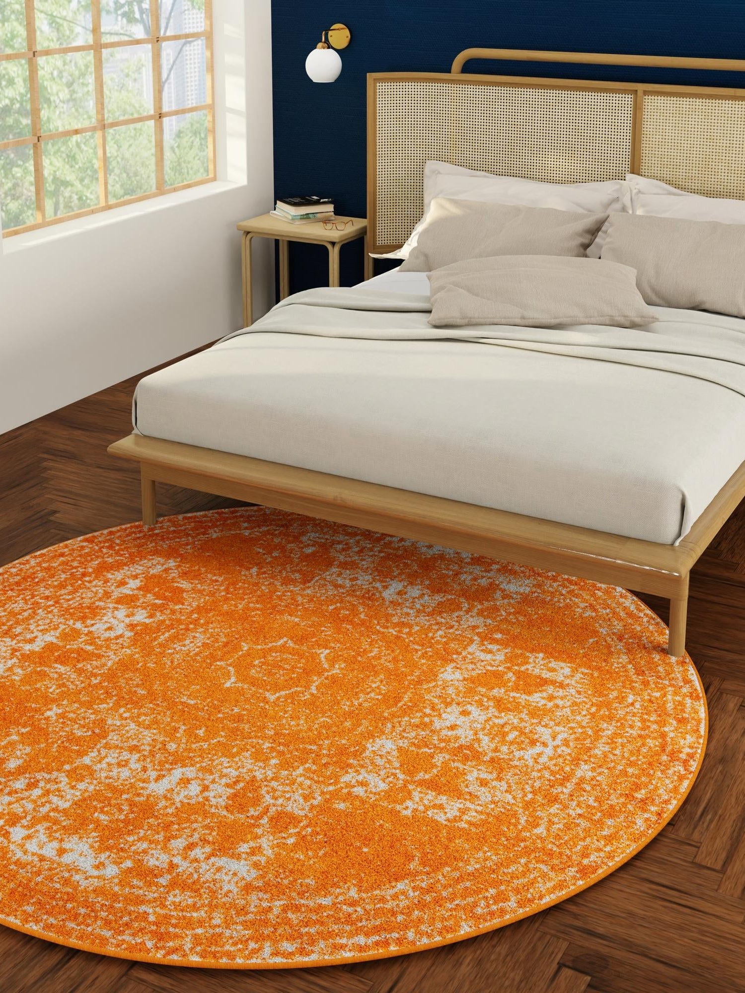 Orange 7' 10 x 7' 10 Bromley Round Area Rug 100% Polypropylene With Cotton Backing Vintage Distressed Colorful Traditional Carpet for Living Dining Rooms Offices for Sale at Rug Engine