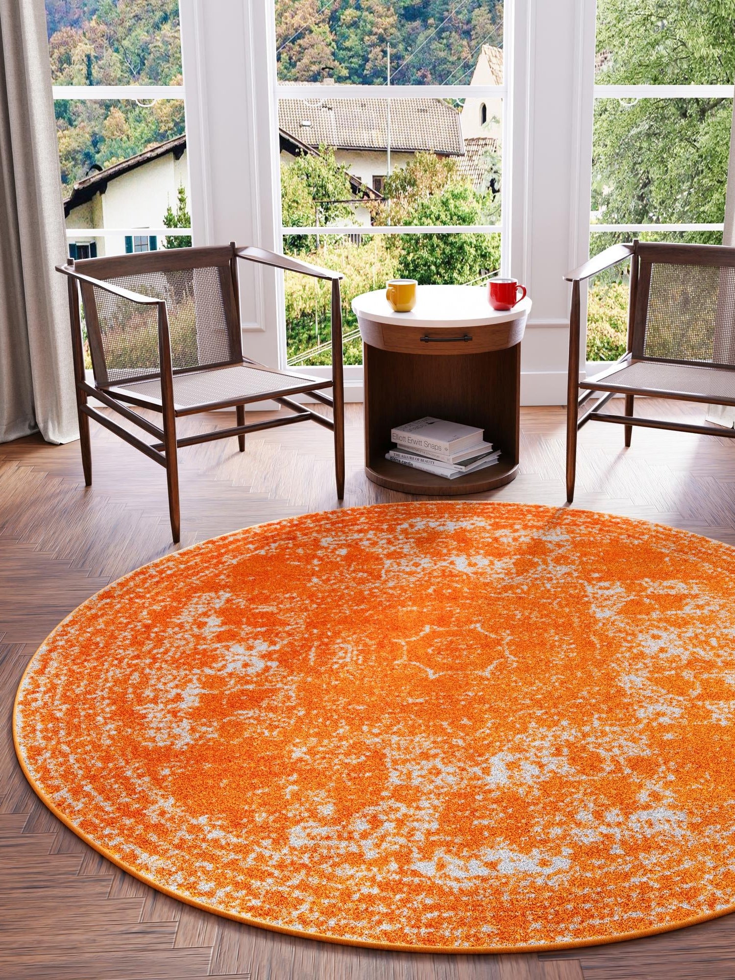 Orange 7' 10 x 7' 10 Bromley Round Area Rug 100% Polypropylene With Cotton Backing Vintage Distressed Colorful Traditional Carpet for Living Dining Rooms Offices for Sale at Rug Engine