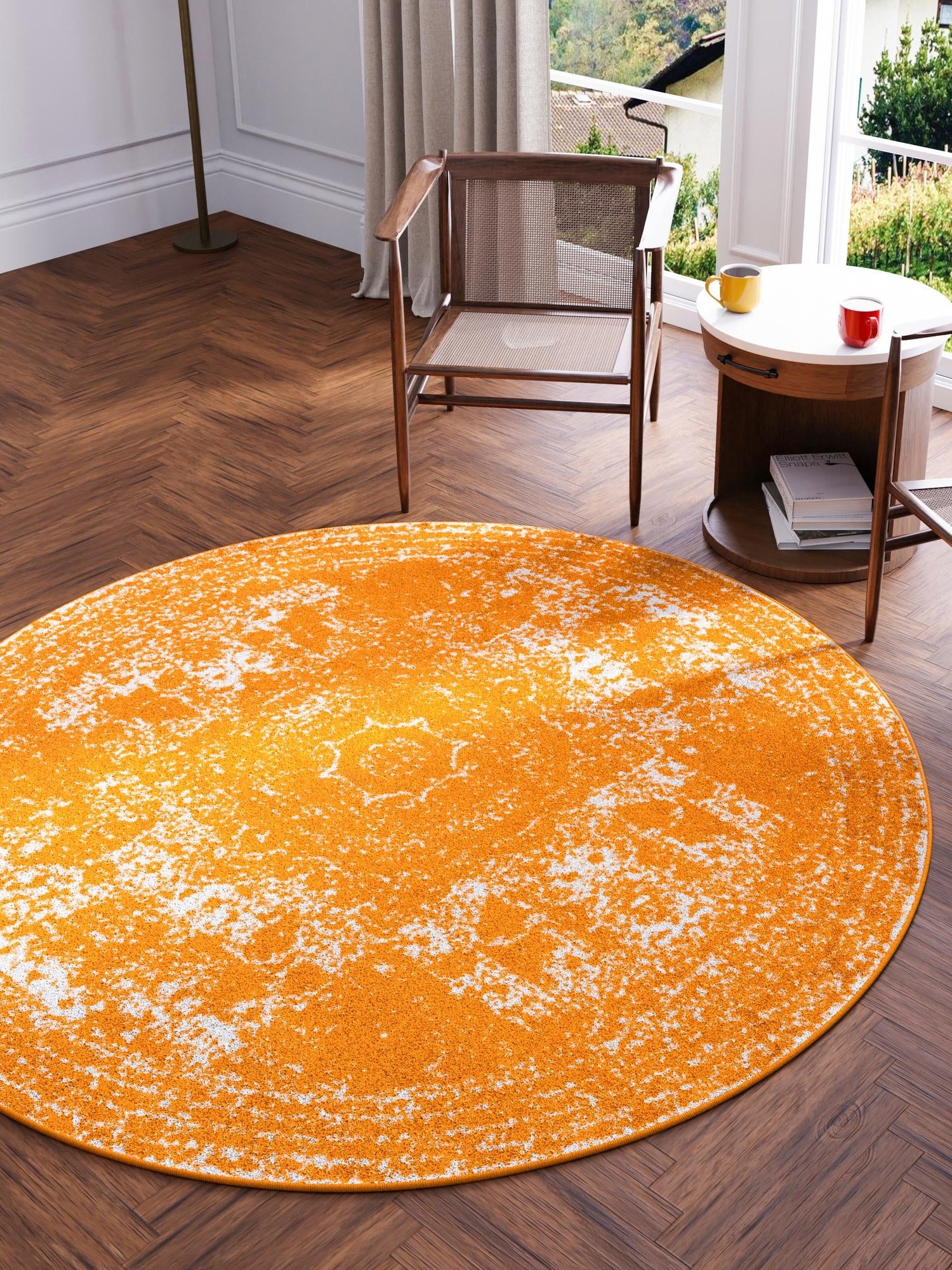 Orange 5' 3 x 5' 3 Bromley Round Area Rug 100% Polypropylene With Cotton Backing Vintage Distressed Colorful Traditional Carpet for Living Dining Rooms Offices for Sale at Rug Engine