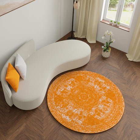 Orange 10' x 10' Bromley Round Area Rug 100% Polypropylene With Cotton Backing Vintage Distressed Colorful Traditional Carpet for Living Dining Rooms Offices for Sale at Rug Engine
