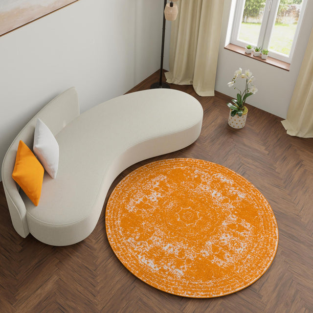 Orange 10' x 10' Bromley Round Area Rug 100% Polypropylene With Cotton Backing Vintage Distressed Colorful Traditional Carpet for Living Dining Rooms Offices for Sale at Rug Engine