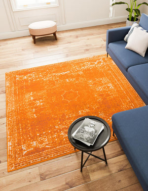 Orange 7' 10 x 7' 10 Bromley Square Area Rug 100% Polypropylene With Cotton Backing Vintage Distressed Colorful Traditional Carpet for Living Dining Rooms Offices for Sale at Rug Engine