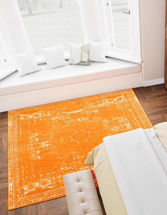 Orange 7' 10 x 7' 10 Bromley Square Area Rug 100% Polypropylene With Cotton Backing Vintage Distressed Colorful Traditional Carpet for Living Dining Rooms Offices for Sale at Rug Engine
