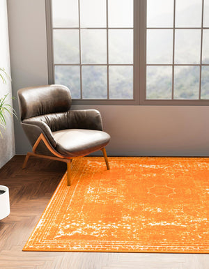 Orange 7' 10 x 7' 10 Bromley Square Area Rug 100% Polypropylene With Cotton Backing Vintage Distressed Colorful Traditional Carpet for Living Dining Rooms Offices for Sale at Rug Engine