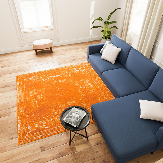 Orange 7' 10 x 7' 10 Bromley Square Area Rug 100% Polypropylene With Cotton Backing Vintage Distressed Colorful Traditional Carpet for Living Dining Rooms Offices for Sale at Rug Engine