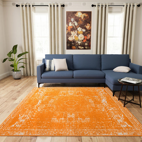 Orange 7' 10 x 7' 10 Bromley Square Area Rug 100% Polypropylene With Cotton Backing Vintage Distressed Colorful Traditional Carpet for Living Dining Rooms Offices for Sale at Rug Engine