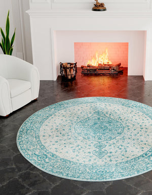 Aqua 10' x 10' Bromley Round Area Rug 100% Polypropylene With Cotton Backing Vintage Distressed Colorful Traditional Carpet for Living Dining Rooms Offices for Sale at Rug Engine