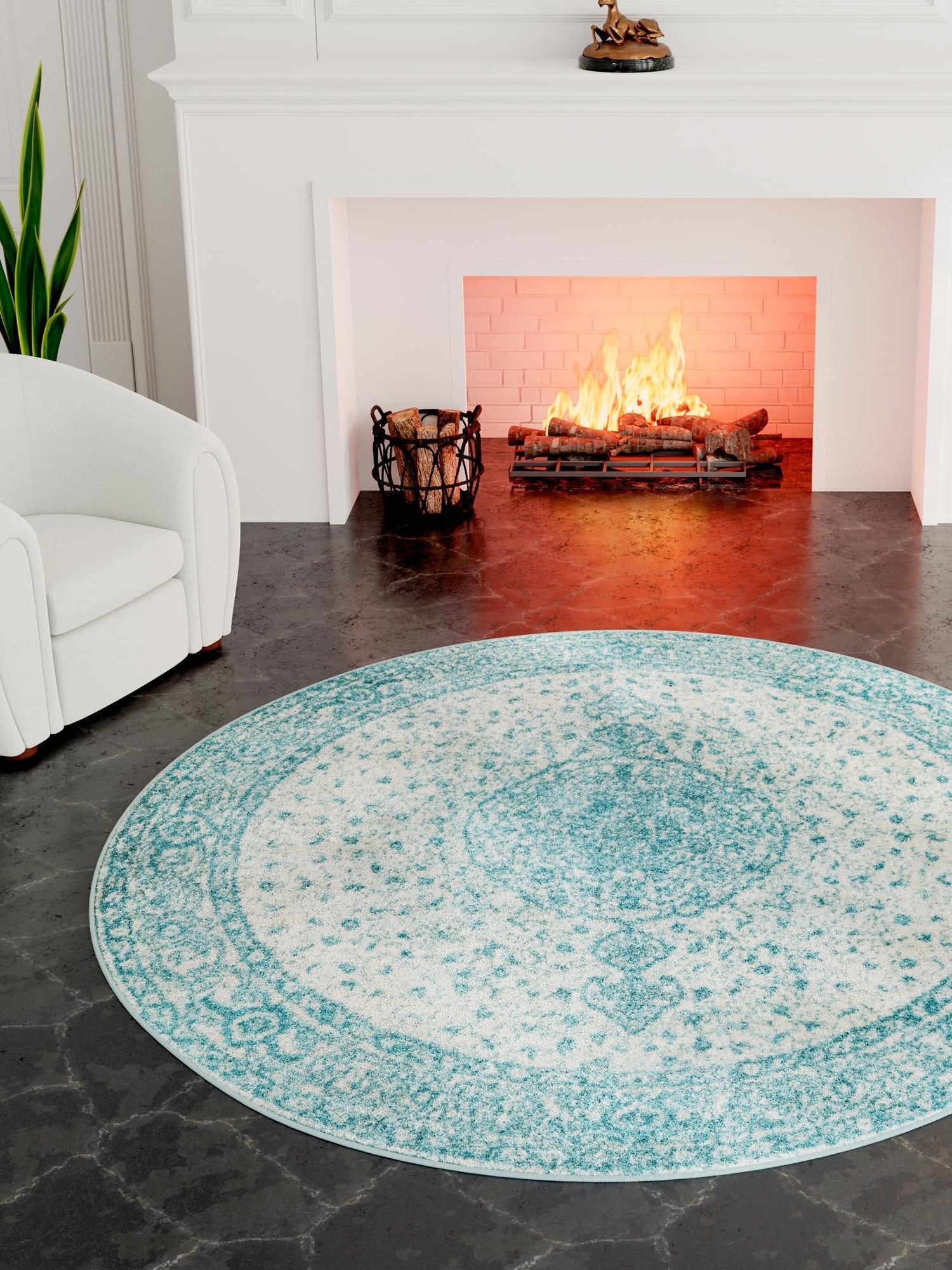 Aqua 3' 1 x 3' 1 Bromley Round Area Rug 100% Polypropylene With Cotton Backing Vintage Distressed Colorful Traditional Carpet for Living Dining Rooms Offices for Sale at Rug Engine