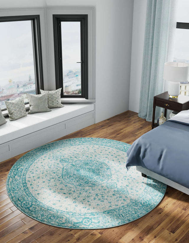 Aqua 5' 3 x 5' 3 Bromley Round Area Rug 100% Polypropylene With Cotton Backing Vintage Distressed Colorful Traditional Carpet for Living Dining Rooms Offices for Sale at Rug Engine