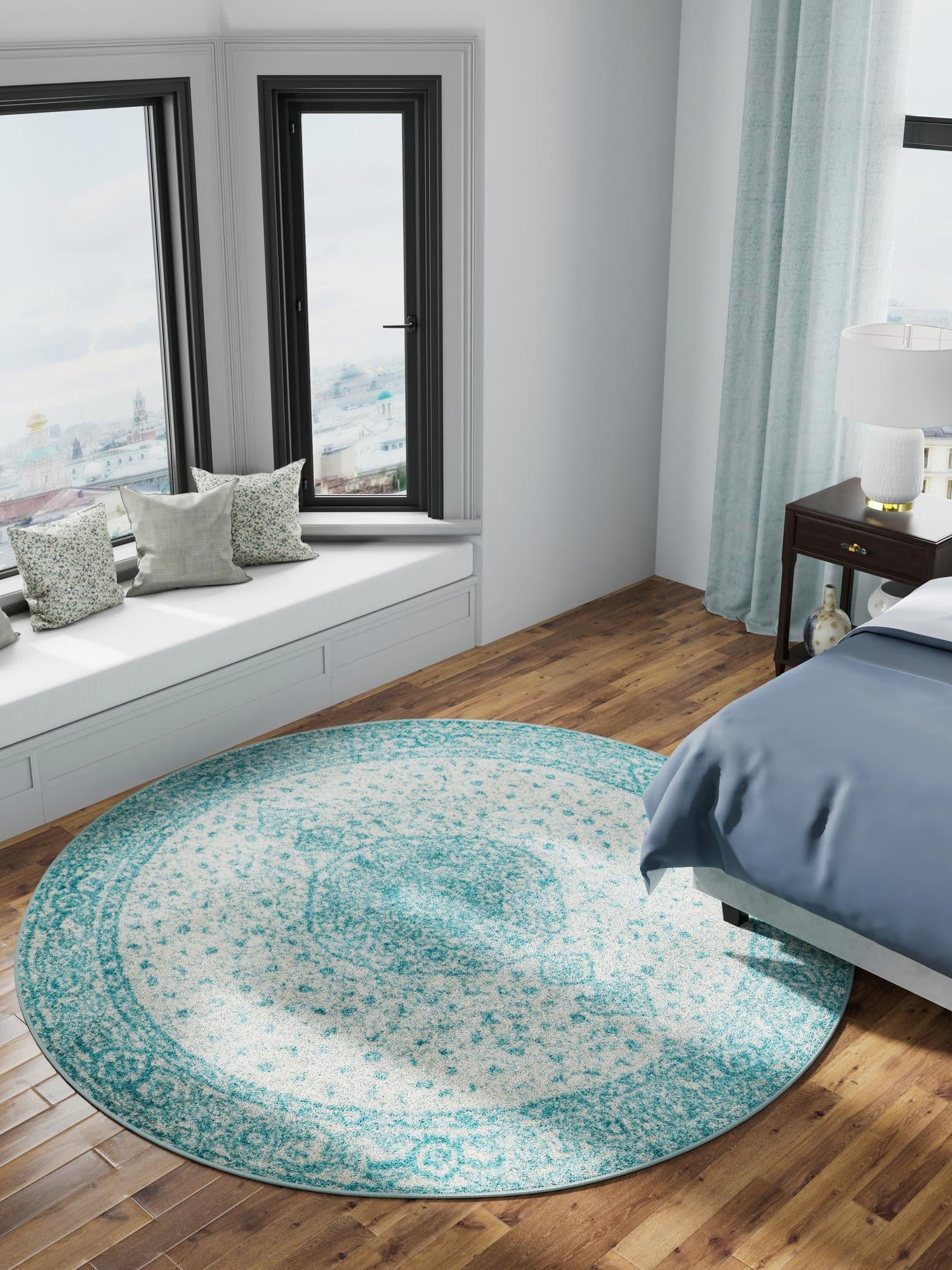 Aqua 10' x 10' Bromley Round Area Rug 100% Polypropylene With Cotton Backing Vintage Distressed Colorful Traditional Carpet for Living Dining Rooms Offices for Sale at Rug Engine