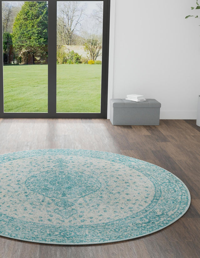 Aqua 7' 10 x 7' 10 Bromley Round Area Rug 100% Polypropylene With Cotton Backing Vintage Distressed Colorful Traditional Carpet for Living Dining Rooms Offices for Sale at Rug Engine
