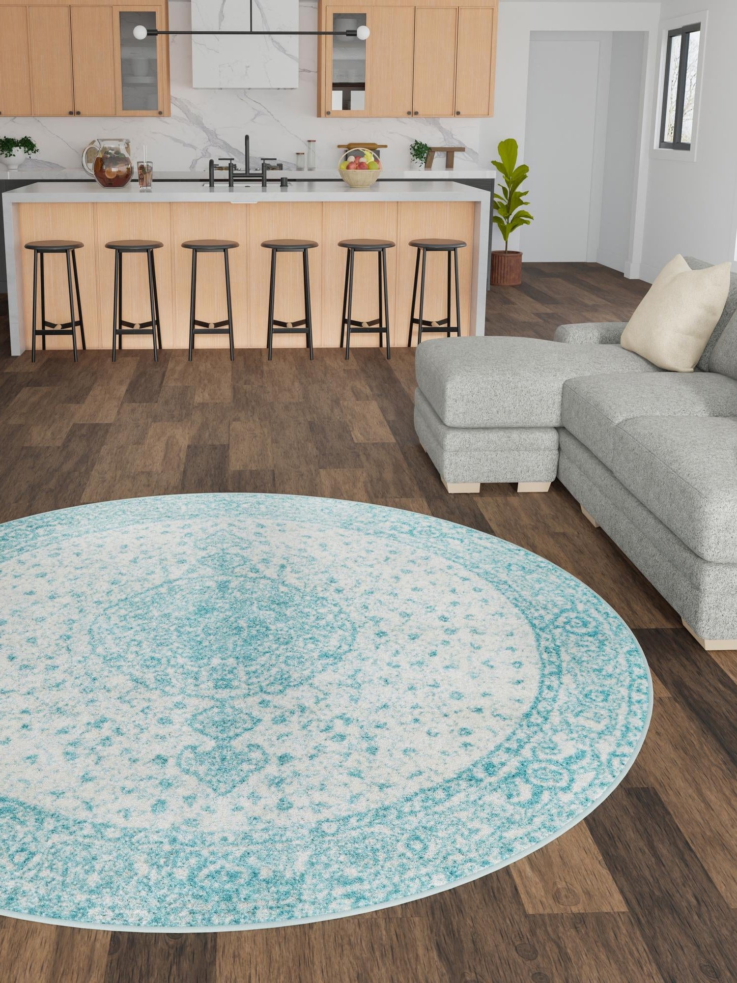 Aqua 5' 3 x 5' 3 Bromley Round Area Rug 100% Polypropylene With Cotton Backing Vintage Distressed Colorful Traditional Carpet for Living Dining Rooms Offices for Sale at Rug Engine