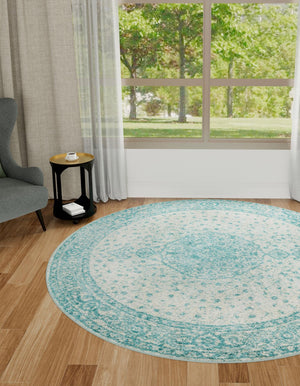 Aqua 5' 3 x 5' 3 Bromley Round Area Rug 100% Polypropylene With Cotton Backing Vintage Distressed Colorful Traditional Carpet for Living Dining Rooms Offices for Sale at Rug Engine