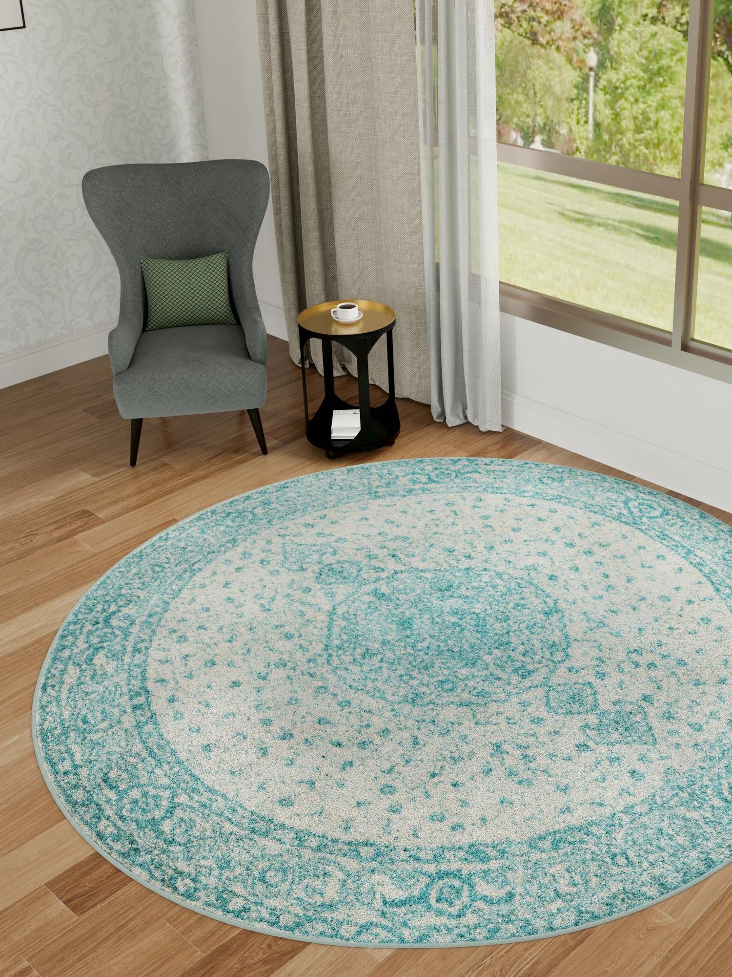 Aqua 5' 3 x 5' 3 Bromley Round Area Rug 100% Polypropylene With Cotton Backing Vintage Distressed Colorful Traditional Carpet for Living Dining Rooms Offices for Sale at Rug Engine