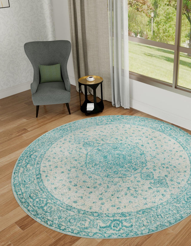 Aqua 5' 3 x 5' 3 Bromley Round Area Rug 100% Polypropylene With Cotton Backing Vintage Distressed Colorful Traditional Carpet for Living Dining Rooms Offices for Sale at Rug Engine