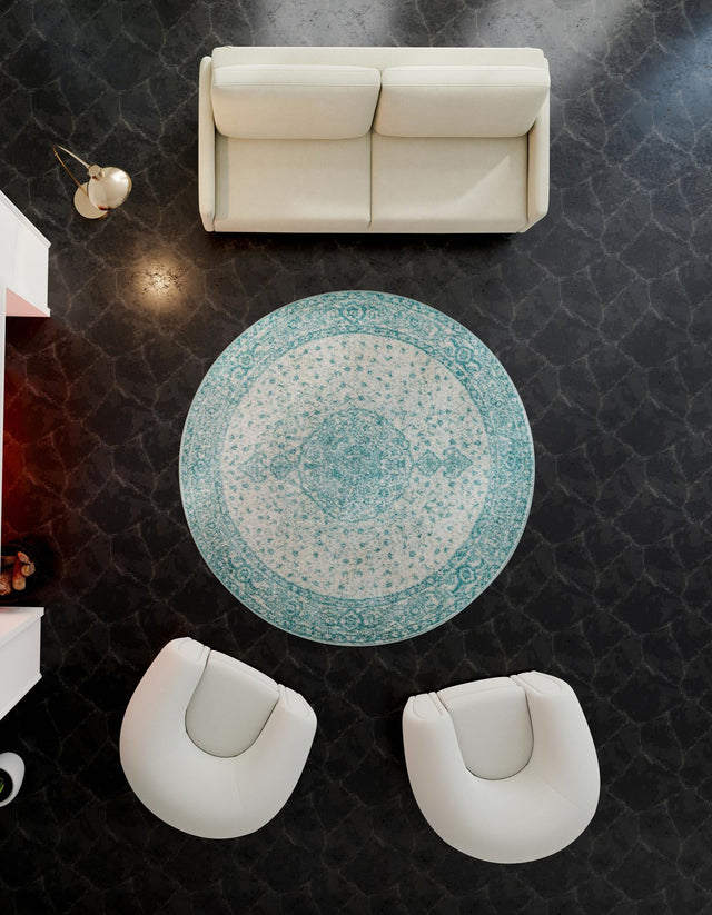 Aqua 5' 3 x 5' 3 Bromley Round Area Rug 100% Polypropylene With Cotton Backing Vintage Distressed Colorful Traditional Carpet for Living Dining Rooms Offices for Sale at Rug Engine