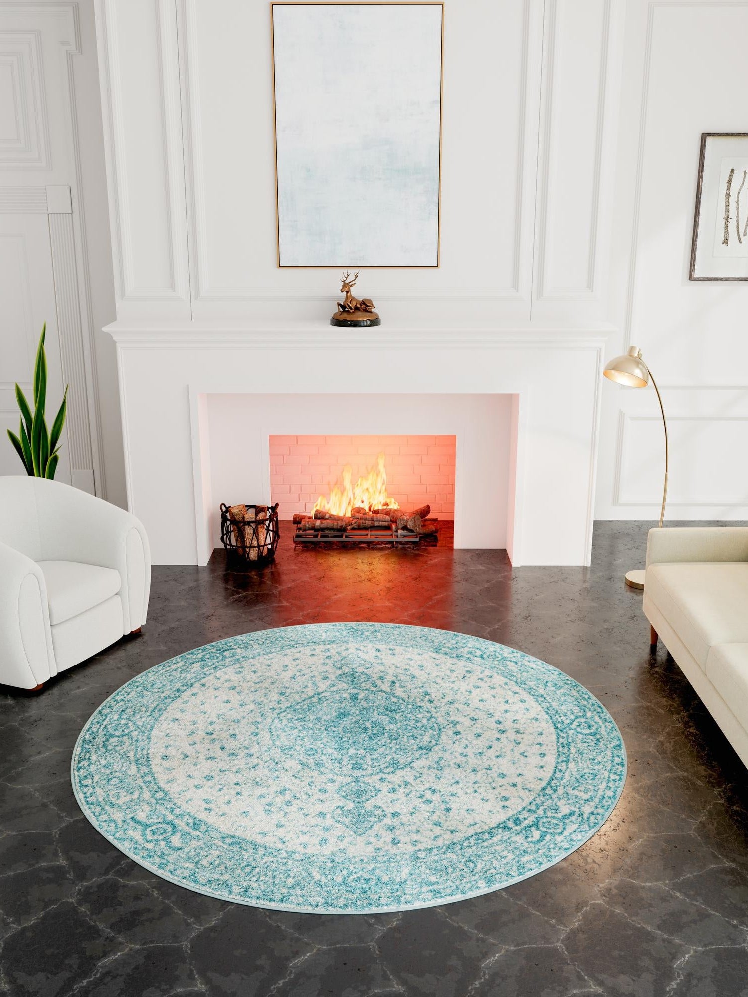 Aqua 5' 3 x 5' 3 Bromley Round Area Rug 100% Polypropylene With Cotton Backing Vintage Distressed Colorful Traditional Carpet for Living Dining Rooms Offices for Sale at Rug Engine