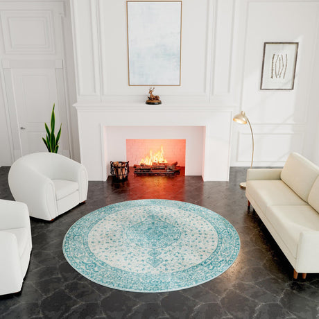 Aqua 10' x 10' Bromley Round Area Rug 100% Polypropylene With Cotton Backing Vintage Distressed Colorful Traditional Carpet for Living Dining Rooms Offices for Sale at Rug Engine