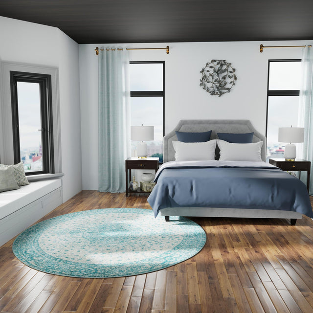 Aqua 10' x 10' Bromley Round Area Rug 100% Polypropylene With Cotton Backing Vintage Distressed Colorful Traditional Carpet for Living Dining Rooms Offices for Sale at Rug Engine