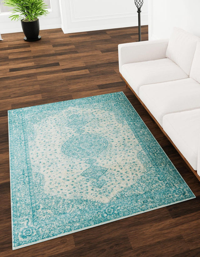 Aqua 4' 1 x 6' 1 Bromley Rectangle Area Rug 100% Polypropylene With Cotton Backing Vintage Distressed Colorful Traditional Carpet for Living Dining Rooms Offices for Sale at Rug Engine