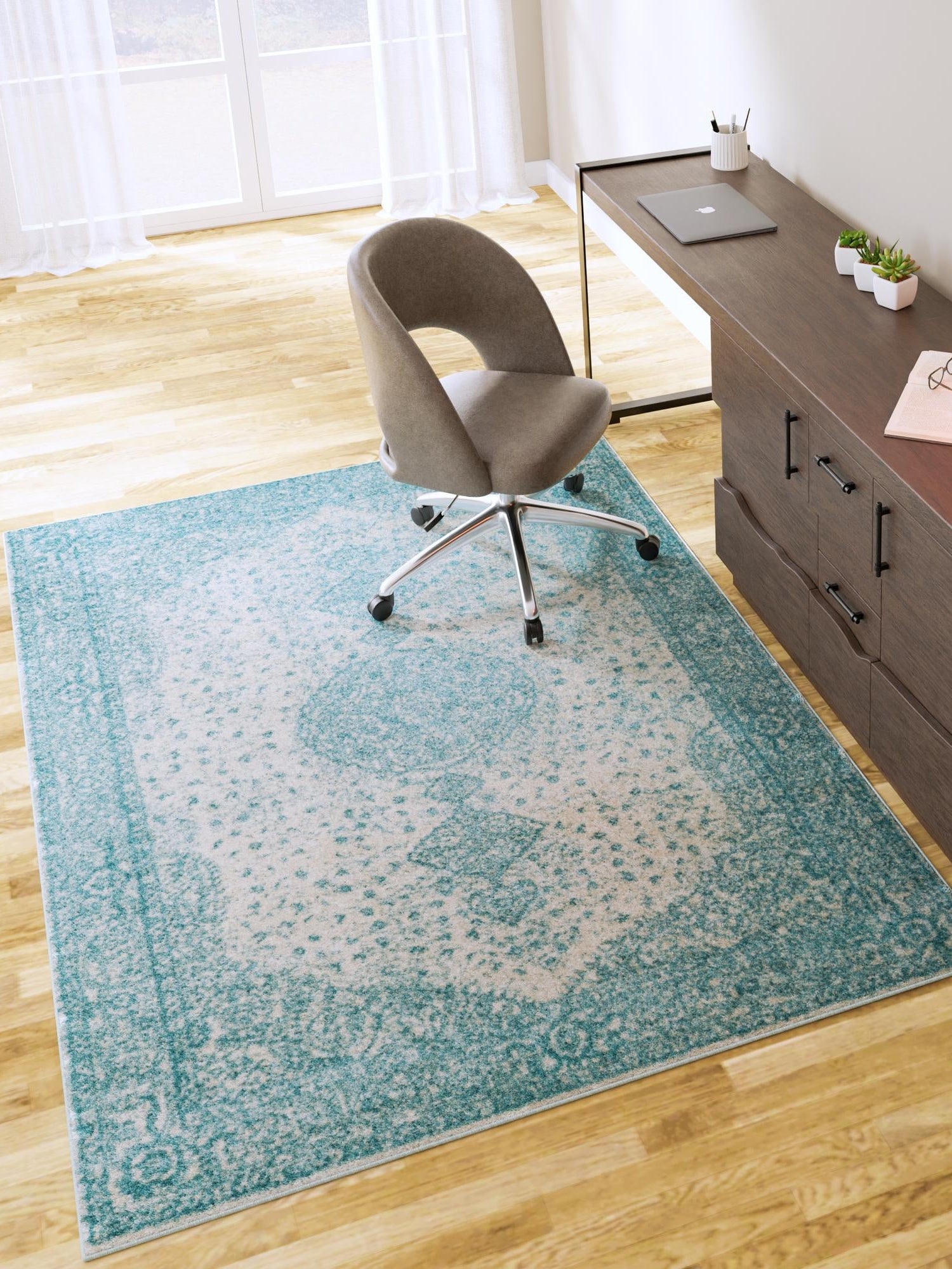 Aqua 6' 1 x 9' Bromley Rectangle Area Rug 100% Polypropylene With Cotton Backing Vintage Distressed Colorful Traditional Carpet for Living Dining Rooms Offices for Sale at Rug Engine