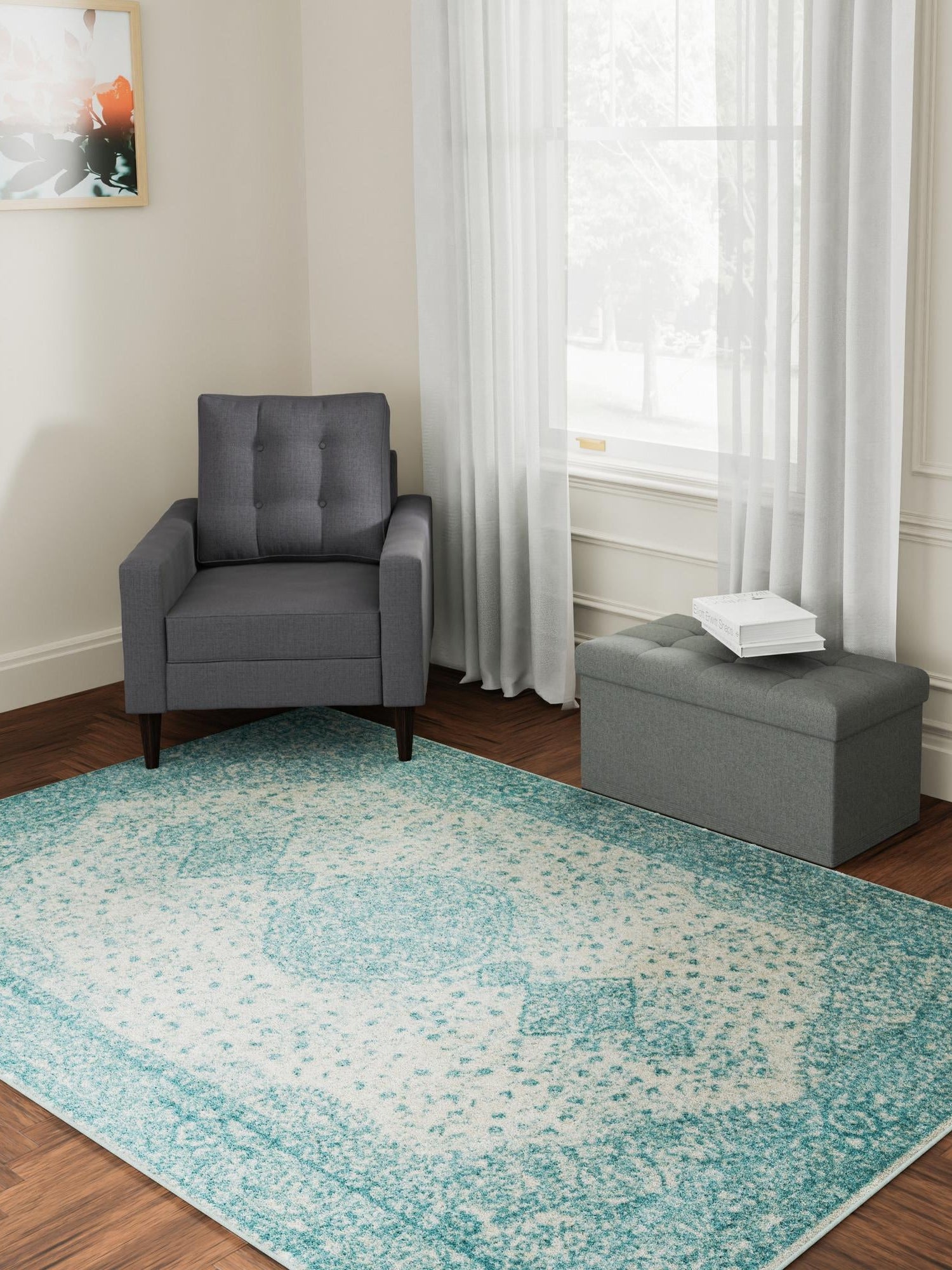 Aqua 3' 1 x 5' 3 Bromley Rectangle Area Rug 100% Polypropylene With Cotton Backing Vintage Distressed Colorful Traditional Carpet for Living Dining Rooms Offices for Sale at Rug Engine
