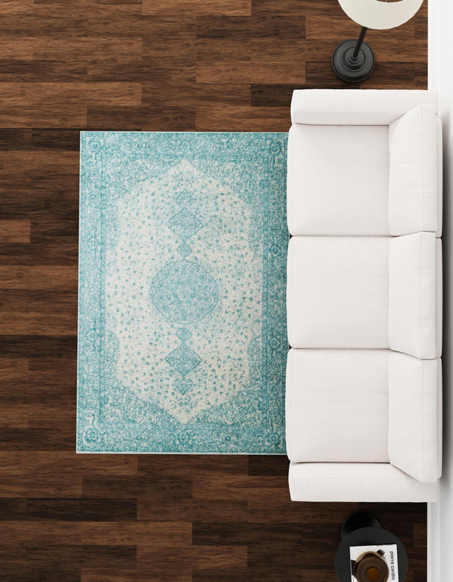 Aqua 4' 1 x 6' 1 Bromley Rectangle Area Rug 100% Polypropylene With Cotton Backing Vintage Distressed Colorful Traditional Carpet for Living Dining Rooms Offices for Sale at Rug Engine