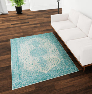 Aqua 10' x 14' 1 Bromley Rectangle Area Rug 100% Polypropylene With Cotton Backing Vintage Distressed Colorful Traditional Carpet for Living Dining Rooms Offices for Sale at Rug Engine