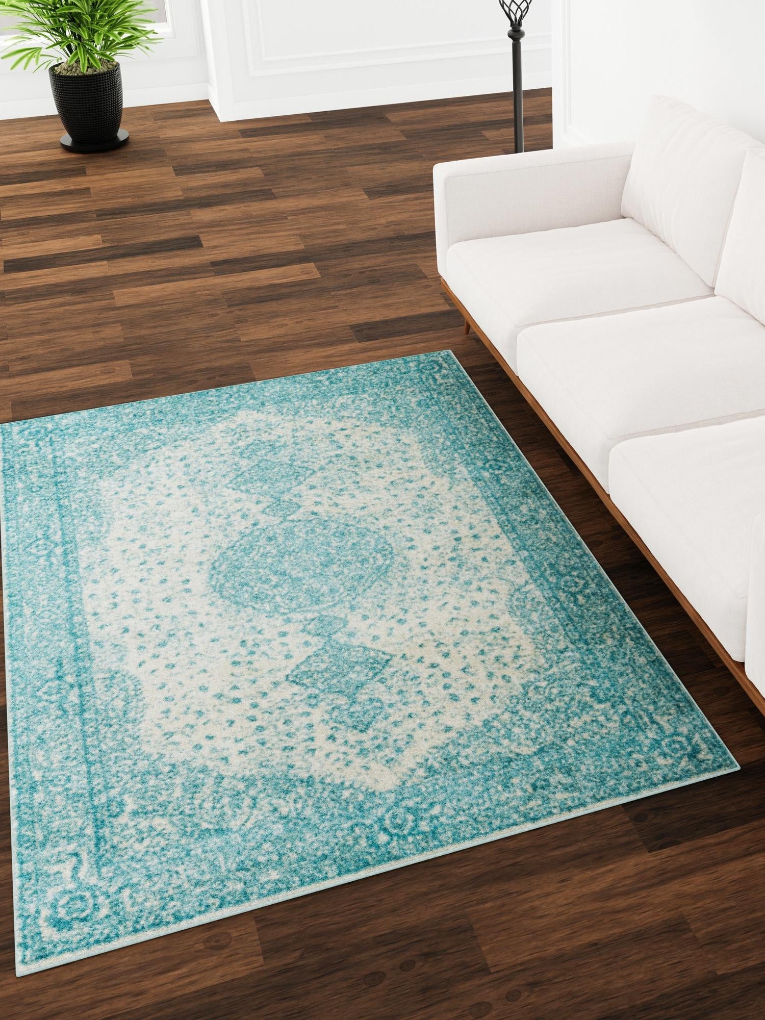 Aqua 4' 1 x 6' 1 Bromley Rectangle Area Rug 100% Polypropylene With Cotton Backing Vintage Distressed Colorful Traditional Carpet for Living Dining Rooms Offices for Sale at Rug Engine