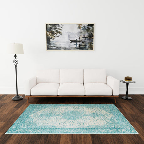 Aqua 4' 1 x 6' 1 Bromley Rectangle Area Rug 100% Polypropylene With Cotton Backing Vintage Distressed Colorful Traditional Carpet for Living Dining Rooms Offices for Sale at Rug Engine