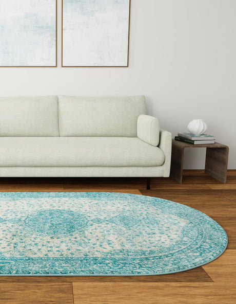 Aqua 5' 3 x 8' Bromley Oval Area Rug 100% Polypropylene With Cotton Backing Vintage Distressed Colorful Traditional Carpet for Living Dining Rooms Offices for Sale at Rug Engine