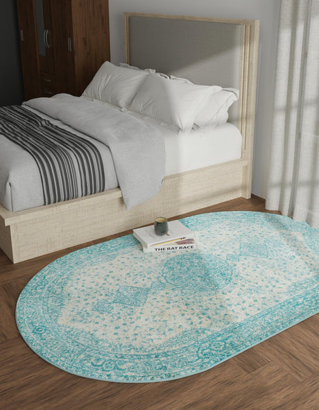 Aqua 5' 3 x 8' Bromley Oval Area Rug 100% Polypropylene With Cotton Backing Vintage Distressed Colorful Traditional Carpet for Living Dining Rooms Offices for Sale at Rug Engine