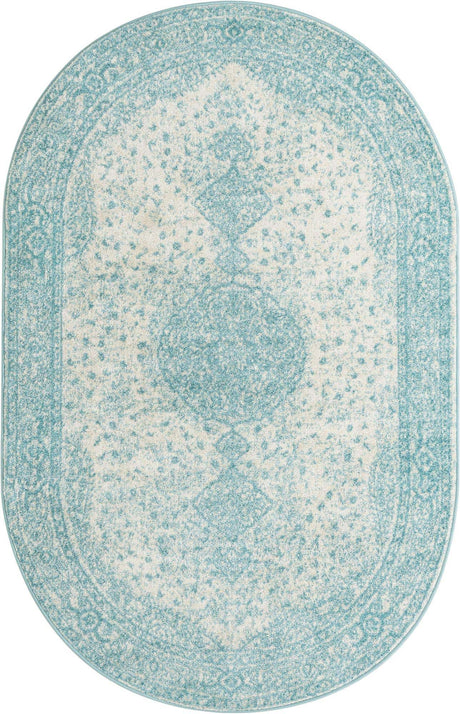 Aqua 5' 3 x 8' Bromley Oval Area Rug 100% Polypropylene With Cotton Backing Vintage Distressed Colorful Traditional Carpet for Living Dining Rooms Offices for Sale at Rug Engine